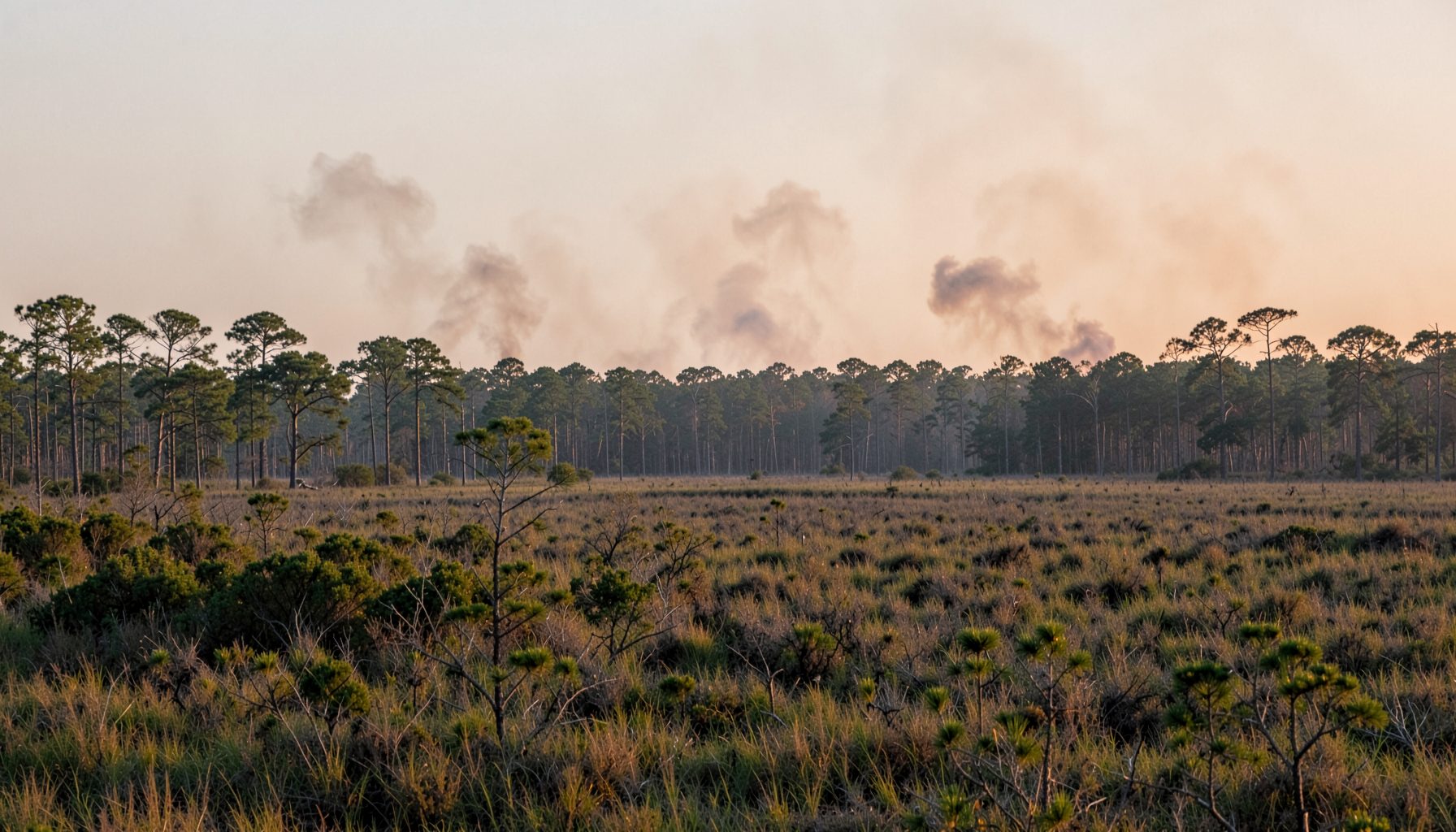 Wide landscape of pine flatwoods under a hazy afternoon sky, with scattered smoke columns rising above the treeline in muted greens and pale grays
